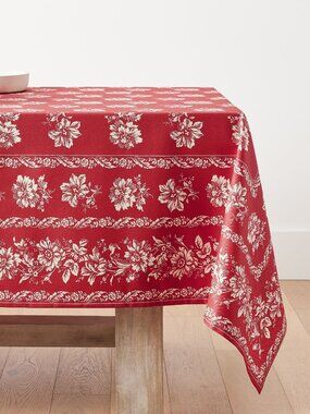 Pottery Barn Ella Floral Oilcloth Outdoor Tablecloth Red 100% Cotton Decor NWT